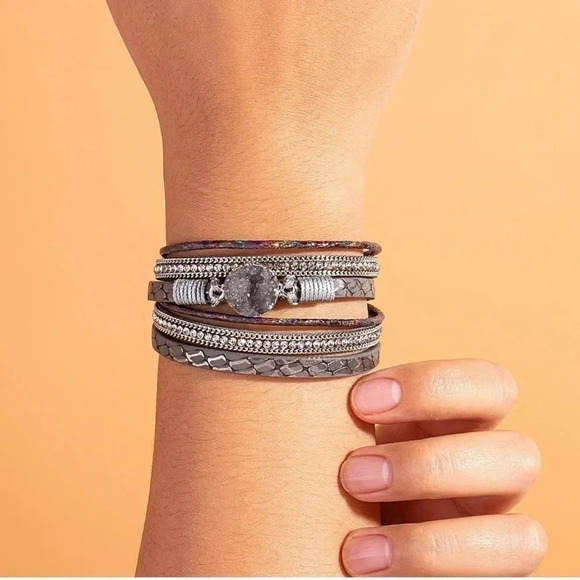 Bohemian Gray Faux Leather Layered Wrap Bracelet - Picture 2 of 6